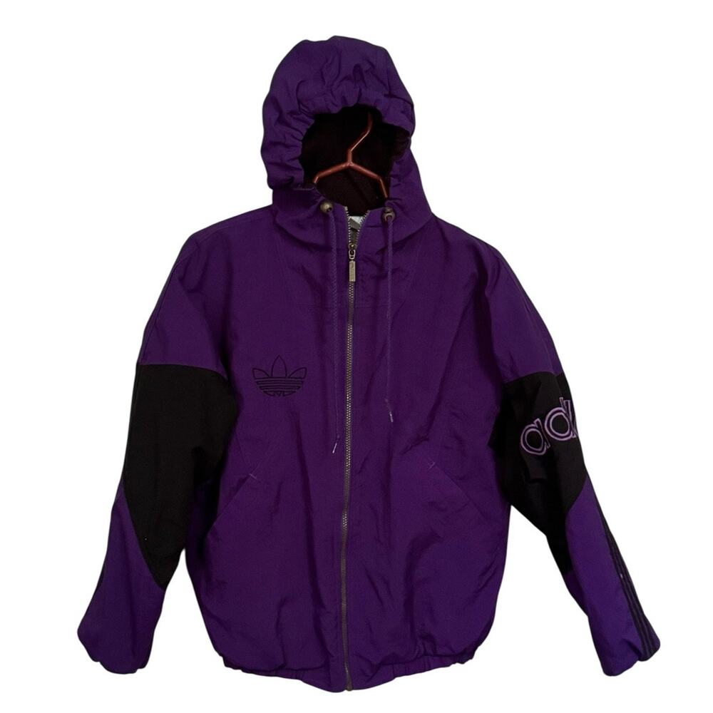 VTG Adidas Hooded Coat Medium F180 Purple Black Logo Full Zip Y2K READ‎ NOTE